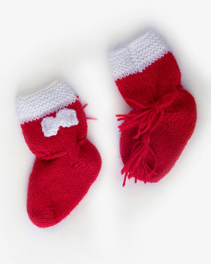 The Original Knit Cranberry & White Winter Wear Booties-Embroidered Handmade-High Quality Yarn-For Infants