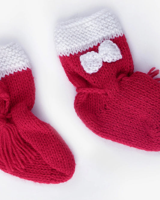 The Original Knit Cranberry & White Winter Wear Booties-Embroidered Handmade-High Quality Yarn-For Infants