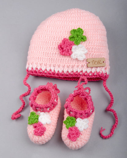 The Original Knit Pink Winter Wear Cap & Booties Set-Embroidered Handmade-High Quality Yarn-For Infants