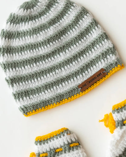 The Original Knit Grey & White Winter Wear Caps & Booties Set-Embroidered Handmade-High Quality Yarn-For Infants