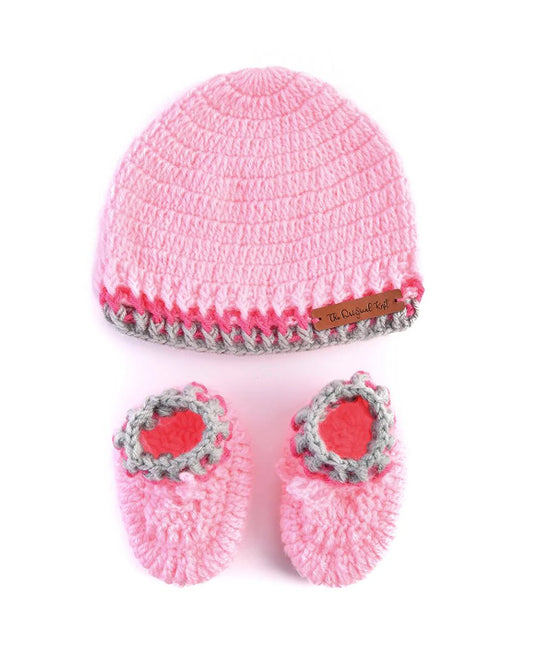 The Original Knit Pink Winter Wear Caps & Booties Set-Embroidered Handmade-High Quality Yarn-For Infants