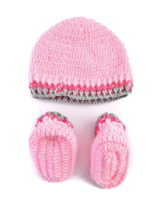 The Original Knit Pink Winter Wear Caps & Booties Set-Embroidered Handmade-High Quality Yarn-For Infants