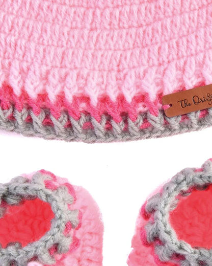 The Original Knit Pink Winter Wear Caps & Booties Set-Embroidered Handmade-High Quality Yarn-For Infants