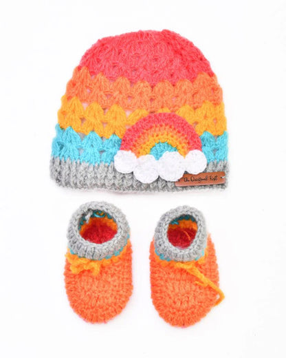 The Original Knit Multicolor Winter Wear Caps & Booties Set-Embroidered Handmade-High Quality Yarn-For Infants