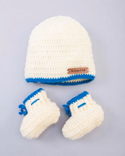 The Original Knit White & Blue Winter Wear Caps & Booties Set-Embroidered Handmade-High Quality Yarn-For Infants