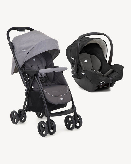 Joie Mirus Lightweight Baby Stroller & Gemm Car Seat Travel System-Stroller Features (One Hand Fold, Reversible Handle Bar, Upto 15 Kg)-Car Seat Features (Airline Certified, Side Impact Protection, Upto 13 Kg)-Dark Pewter & Shale