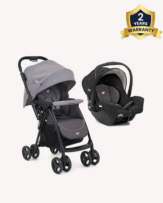 Joie Mirus Lightweight Baby Stroller & Gemm Car Seat Travel System-Stroller Features (One Hand Fold, Reversible Handle Bar, Upto 15 Kg)-Car Seat Features (Airline Certified, Side Impact Protection, Upto 13 Kg)-Dark Pewter & Shale