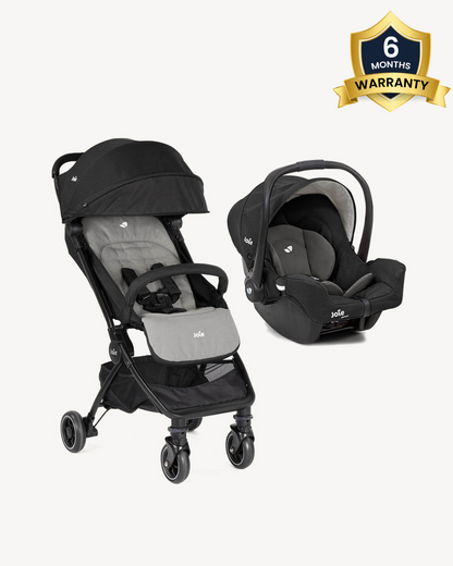 Joie Pact Lightweight Baby Stroller & Gemm Car Seat Travel System-Stroller Features (One Hand Fold, Flat Reclining Seat, Upto 15 Kg)-Car Seat Features (Airline Certified, Side Impact Protection, Upto 13 Kg)-Ember & Shale