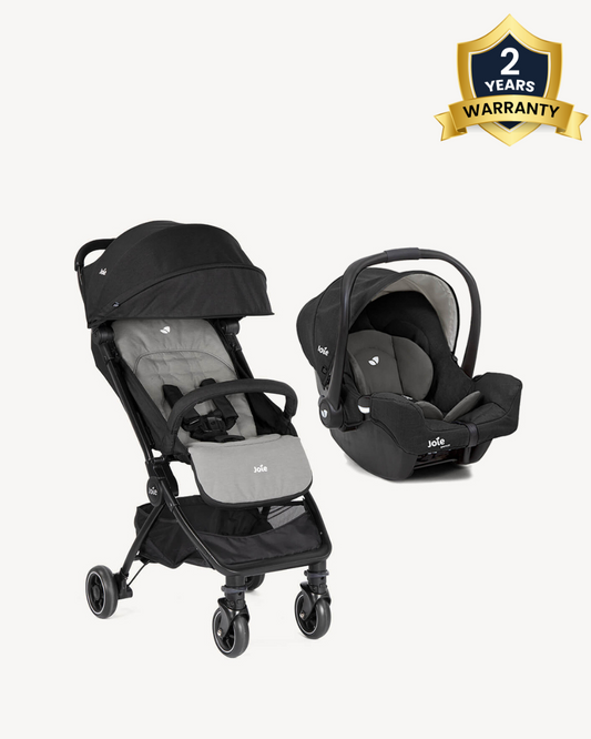 Joie Pact Lightweight Baby Stroller & Gemm Car Seat Travel System-Stroller Features (One Hand Fold, Flat Reclining Seat, Upto 15 Kg)-Car Seat Features (Airline Certified, Side Impact Protection, Upto 13 Kg)-Ember & Shale