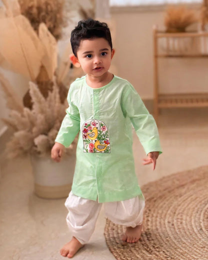 Keebee Green Kurta Dhoti Set-Bird Embroidered-Organic Cotton-For Infants