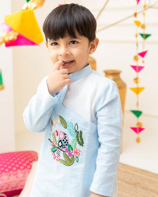 Keebee Light Blue Angrakha Kurta Pajama Set-Toucan Embroidered-Organic Cotton-For Infants