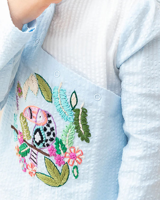 Keebee Light Blue Angrakha Kurta Pajama Set-Toucan Embroidered-Organic Cotton-For Infants