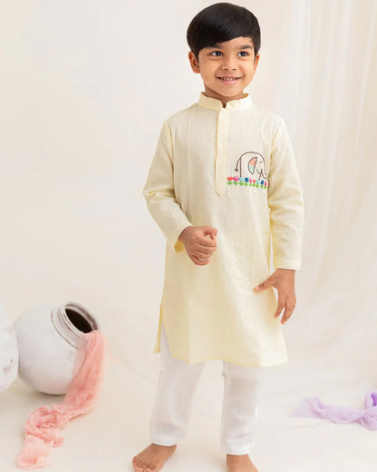Keebee Yellow Kurta Pajama Set-Elephant Embroidered-Organic Cotton-For Infants
