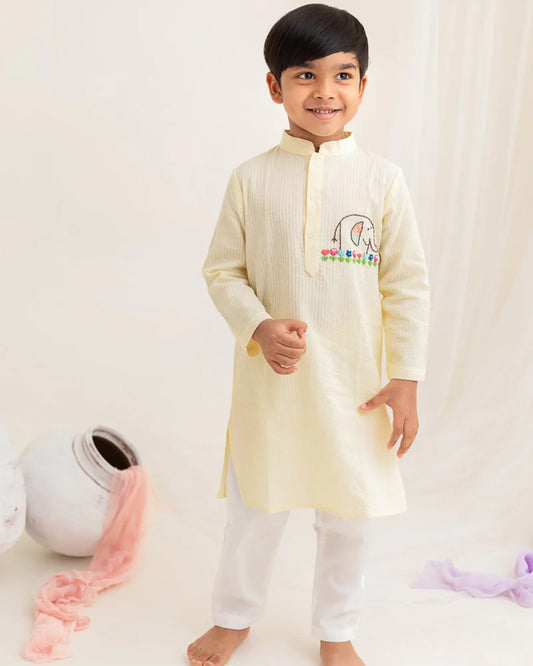 Keebee Yellow Kurta Pajama Set-Elephant Embroidered-Organic Cotton-For Infants