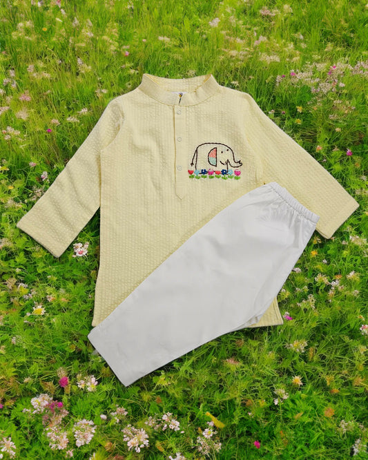Keebee Yellow Kurta Pajama Set-Elephant Embroidered-Organic Cotton-For Infants