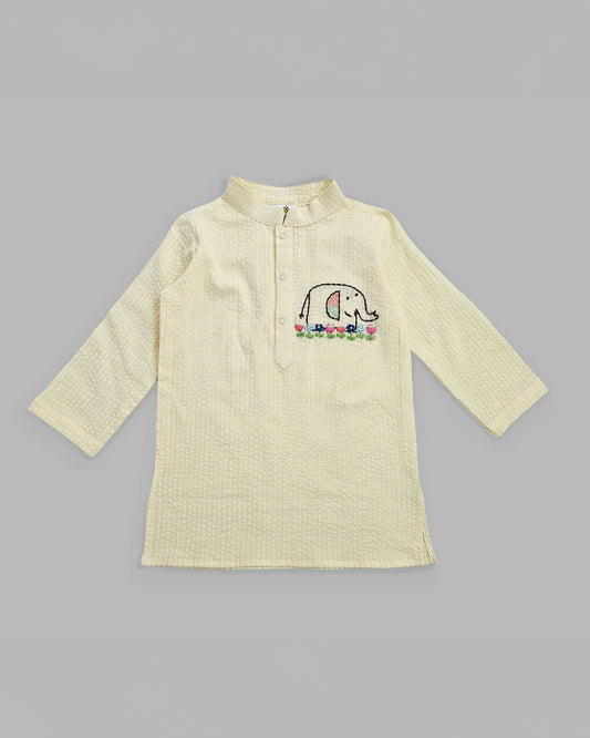 Keebee Yellow Kurta Pajama Set-Elephant Embroidered-Organic Cotton-For Infants