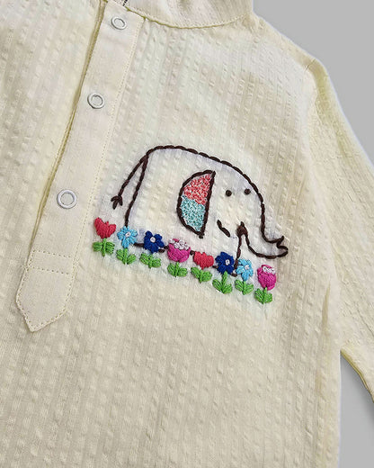 Keebee Yellow Kurta Pajama Set-Elephant Embroidered-Organic Cotton-For Infants