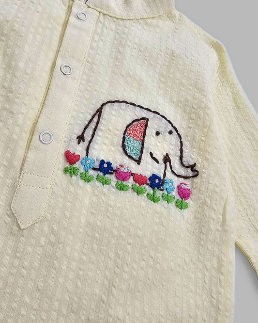 Keebee Yellow Kurta Pajama Set-Elephant Embroidered-Organic Cotton-For Infants