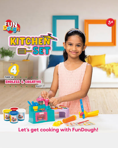 Funskool Fundough Kitchen Set-With Extruder, Kitchen Counter, Mixer, Working Table & 4 Clay Tubs-Art & Craft Kit-18M+