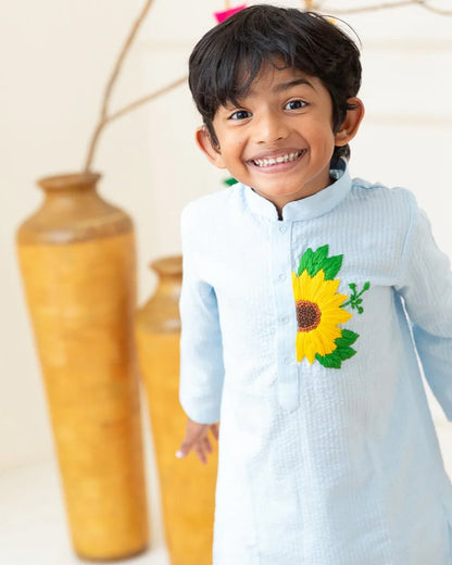 Keebee Blue Kurta Pajama Set-Sunflower Embroidered-Organic Cotton-For Infants