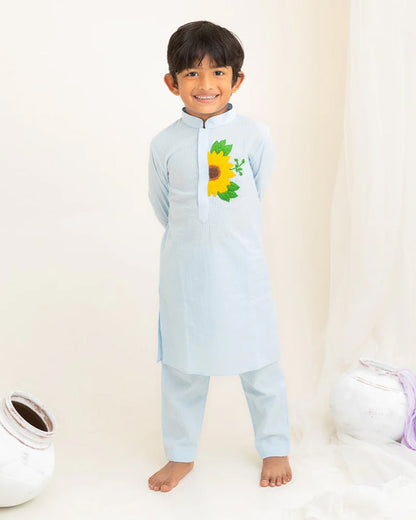 Keebee Blue Kurta Pajama Set-Sunflower Embroidered-Organic Cotton-For Infants