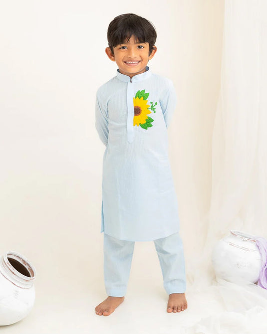 Keebee Blue Kurta Pajama Set-Sunflower Embroidered-Organic Cotton-For Infants
