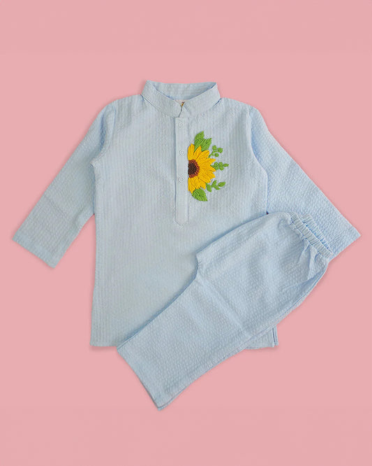 Keebee Blue Kurta Pajama Set-Sunflower Embroidered-Organic Cotton-For Infants