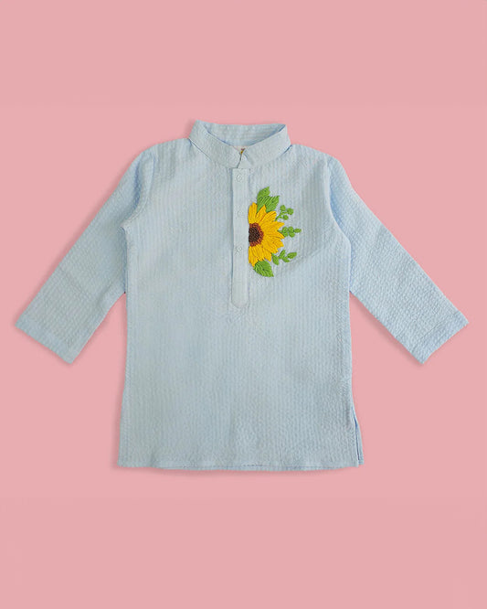 Keebee Blue Kurta Pajama Set-Sunflower Embroidered-Organic Cotton-For Infants