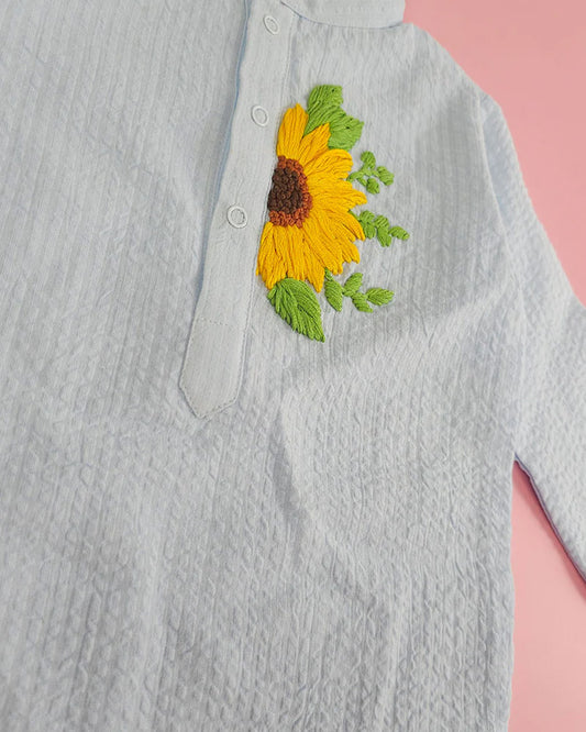 Keebee Blue Kurta Pajama Set-Sunflower Embroidered-Organic Cotton-For Infants