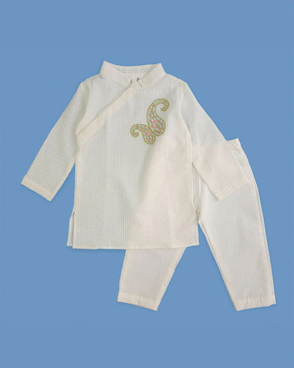 Keebee White Kurta Set-Paisley Embroidered-Organic Cotton-For Infants