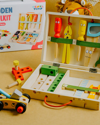 Nesta Toys Wooden Tool Kit Set & Tool Box-Includes 33 Tools-Promotes Role Play-Pretend & Play Toy-36M+