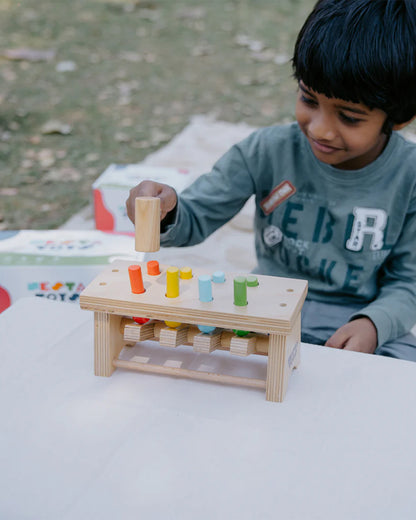 Nesta Toys Pounding Bench Wooden Toy with Hammer-Promotes Hand Coordination-Pretend & Play Toy-12M+