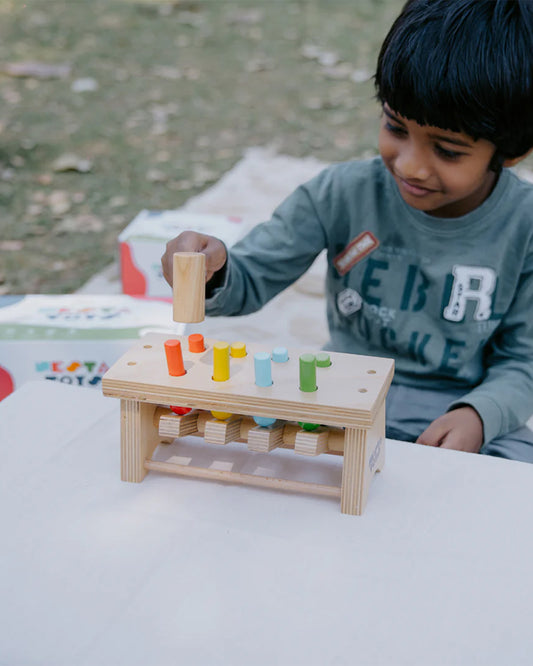 Nesta Toys Pounding Bench Wooden Toy with Hammer-Promotes Hand Coordination-Pretend & Play Toy-12M+