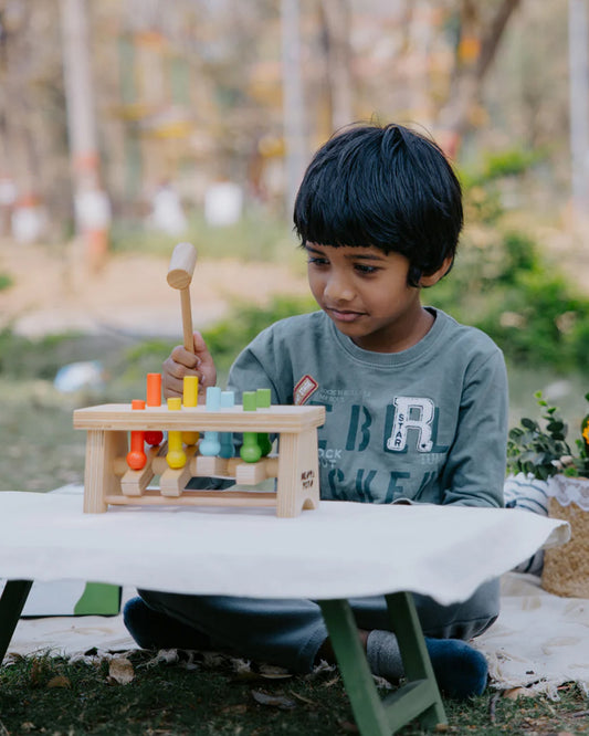 Nesta Toys Pounding Bench Wooden Toy with Hammer-Promotes Hand Coordination-Pretend & Play Toy-12M+
