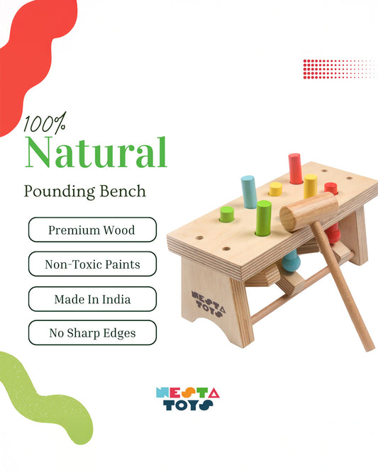 Nesta Toys Pounding Bench Wooden Toy with Hammer-Promotes Hand Coordination-Pretend & Play Toy-12M+