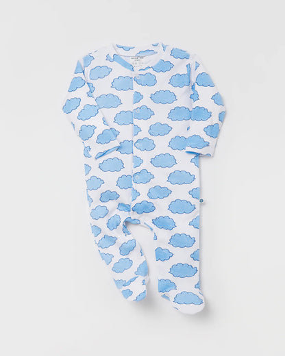 Cotton Bug White & Light Blue Sleepsuit-Cloud Print-100% Organic Cotton-For Infants