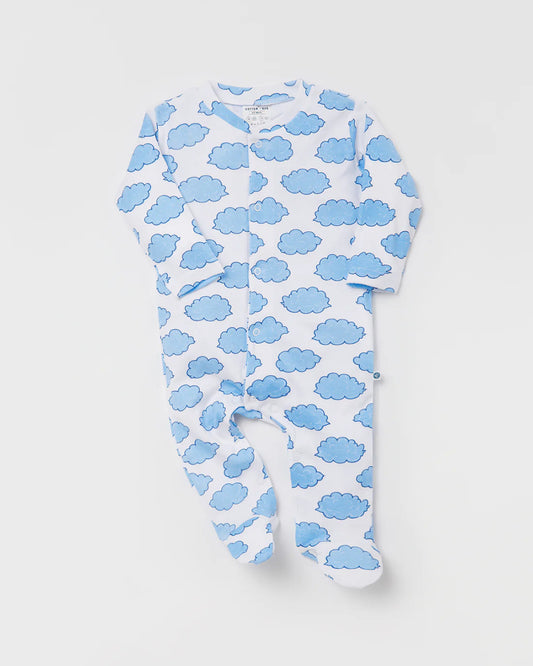 Cotton Bug White & Light Blue Sleepsuit-Cloud Print-100% Organic Cotton-For Infants