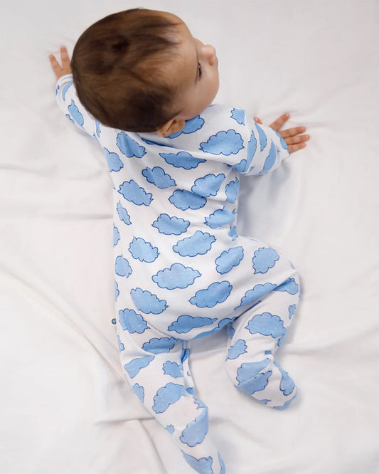 Cotton Bug White & Light Blue Sleepsuit-Cloud Print-100% Organic Cotton-For Infants