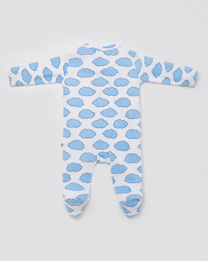 Cotton Bug White & Light Blue Sleepsuit-Cloud Print-100% Organic Cotton-For Infants