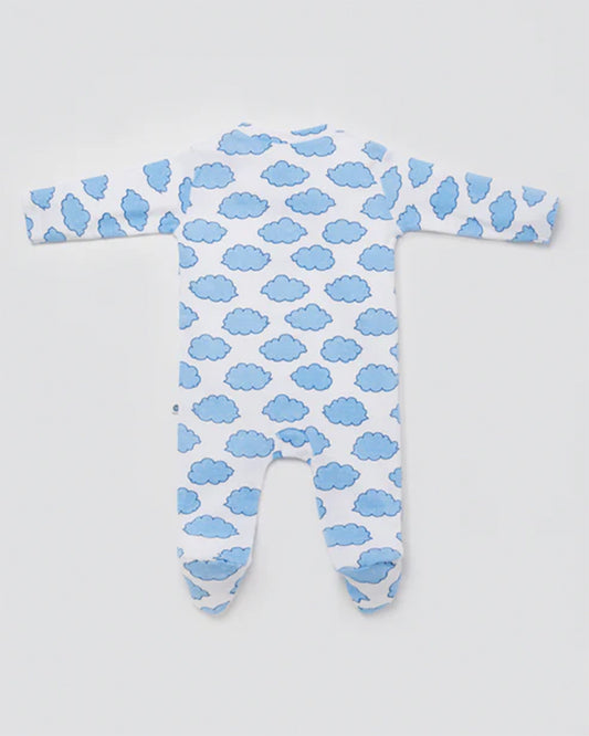 Cotton Bug White & Light Blue Sleepsuit-Cloud Print-100% Organic Cotton-For Infants