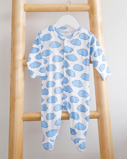 Cotton Bug White & Light Blue Sleepsuit-Cloud Print-100% Organic Cotton-For Infants