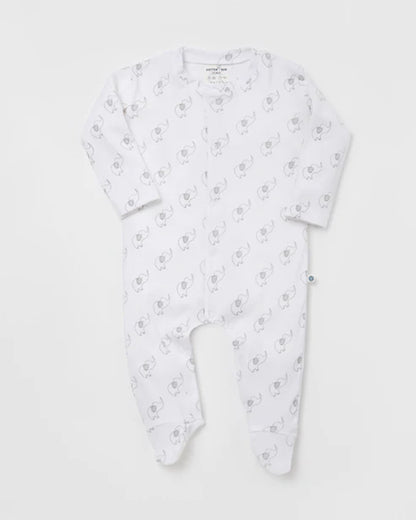 Cotton Bug White & Light Grey Sleepsuit-Elephant Print-100% Organic Cotton-For Infants