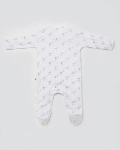 Cotton Bug White & Light Grey Sleepsuit-Elephant Print-100% Organic Cotton-For Infants