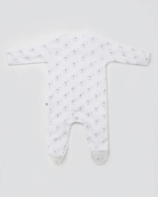 Cotton Bug White & Light Grey Sleepsuit-Elephant Print-100% Organic Cotton-For Infants