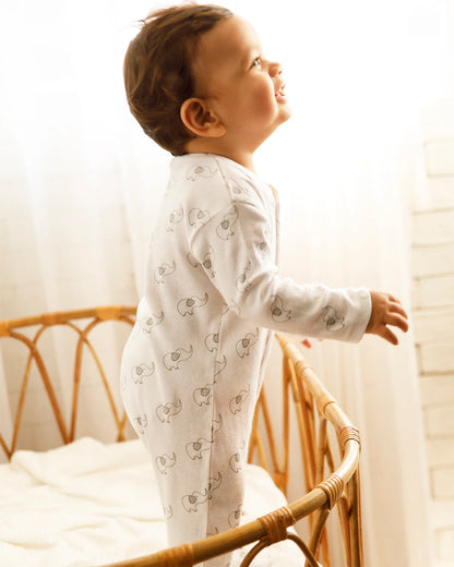 Cotton Bug White & Light Grey Sleepsuit-Elephant Print-100% Organic Cotton-For Infants