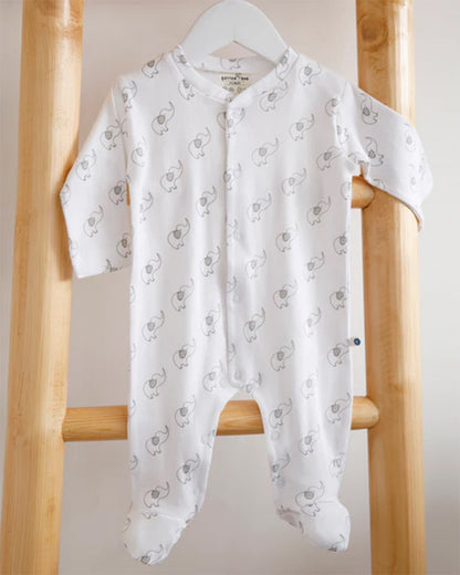 Cotton Bug White & Light Grey Sleepsuit-Elephant Print-100% Organic Cotton-For Infants