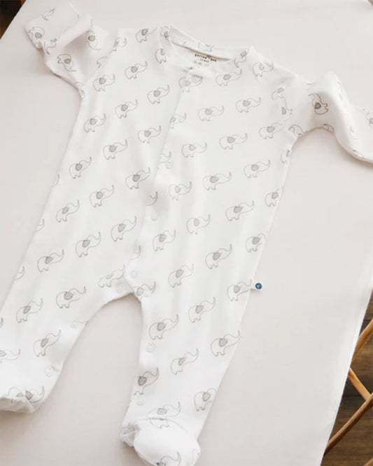 Cotton Bug White & Light Grey Sleepsuit-Elephant Print-100% Organic Cotton-For Infants