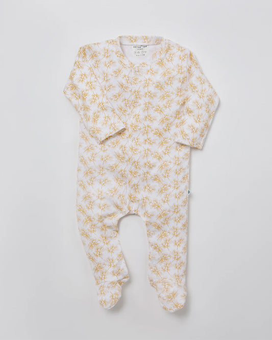 Cotton Bug White & Yellow Sleepsuit-Olive Print-100% Organic Cotton-For Infants