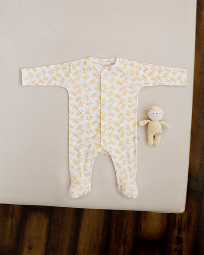 Cotton Bug White & Yellow Sleepsuit-Olive Print-100% Organic Cotton-For Infants