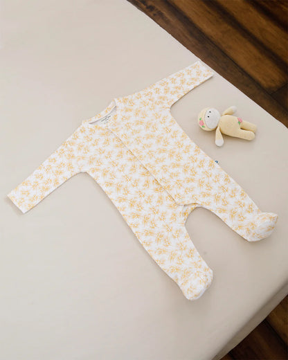 Cotton Bug White & Yellow Sleepsuit-Olive Print-100% Organic Cotton-For Infants